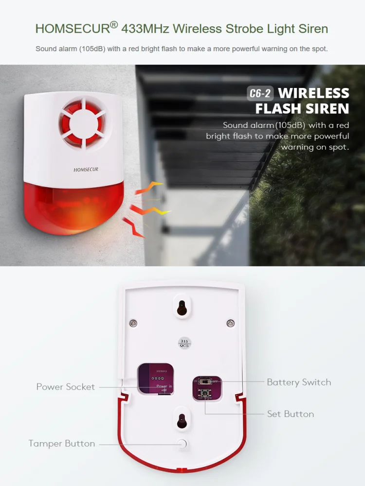 c6-2-433mhz-ワイヤレス屋外サイレンストロボ、バックアップバッテリーフラッシュホーンアラーム、4g-wifi-ホームセキュリティシステム用