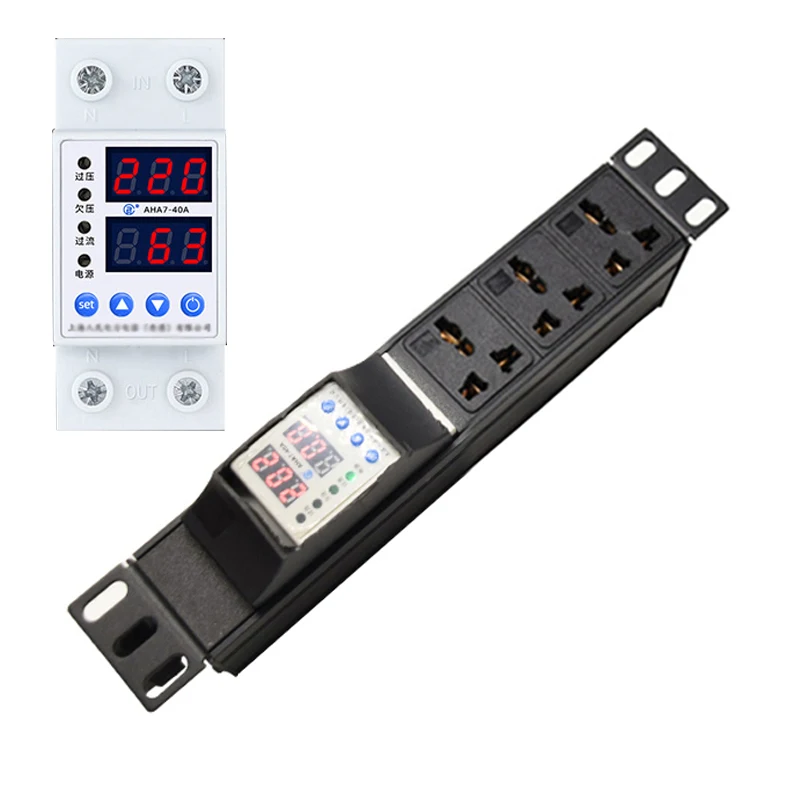 

Cabinet Rack PDU Power Strip with Adjustable Overvoltage and undervoltage protector 3 Ways Universal Outlets 2meter Cord