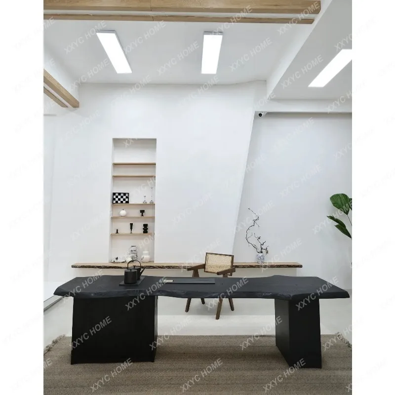 SLwabi sabi medieval carbonized black solid wood tea table, designer desk log special-shaped large board tea table