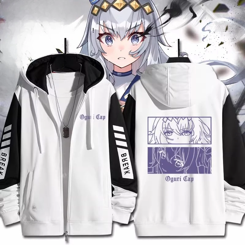 Anime uma musume bonito derby oguri boné tamamo cruz cosplay traje unisex 3d moletom com capuz zíper jaqueta com capuz