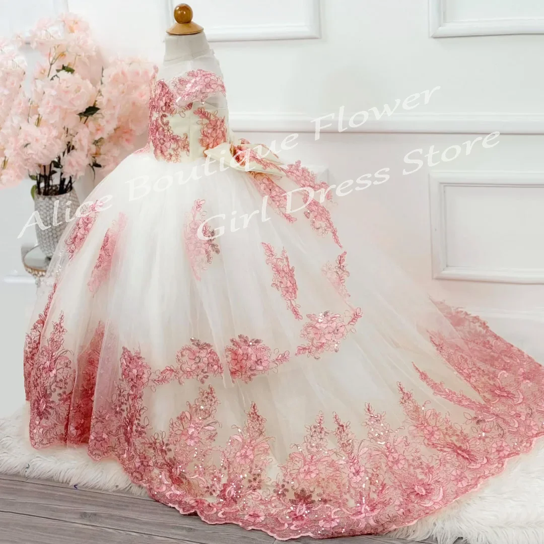 

White Customized Flower Girl Dress Pink Lace Embroidery With Bow Short Sleeve For Wedding Birthday Party Banquet Princess Gown