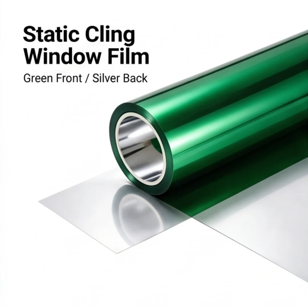 Static Cling One Way Mirror Window Film Green Front Silver Back No Glue Heat UV Block Privacy Window Tint for Home Office Glass