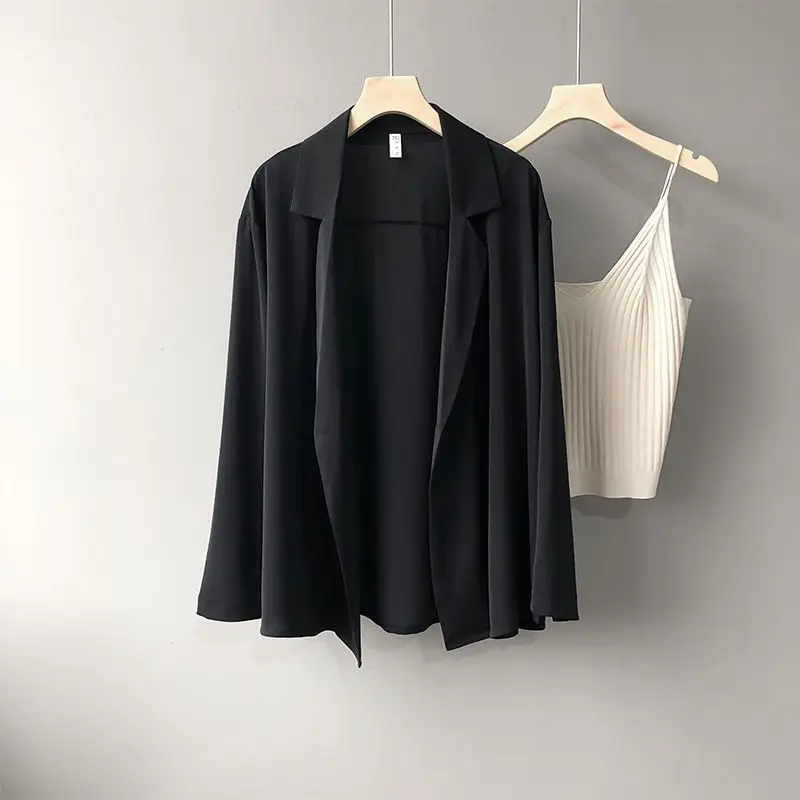 Women Spring Summer New Chiffon Suit Jacket Fashion Generous Solid Button Splicing Loose Casual Versatile Long Sleeved Thin Coat