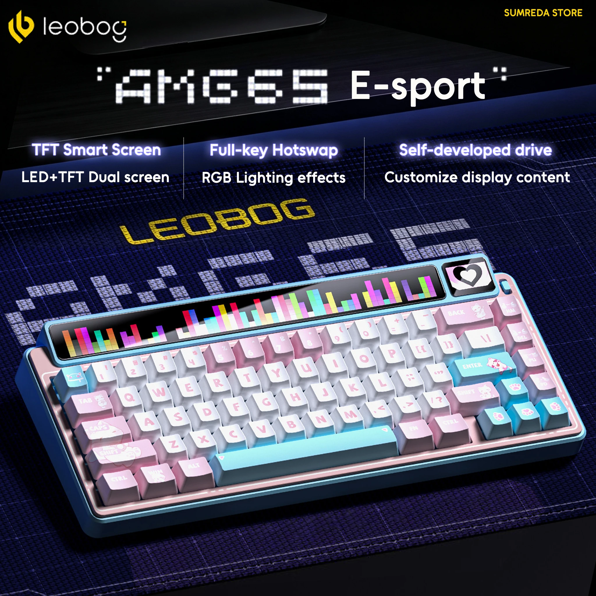 LEOBOG AMG65 Wireless Gaming Mechanical Keyboard 67 Keys TFT Dual-Screen Bluetooth 2.4G Wired RGB Hotswap Low Noise Keyboard