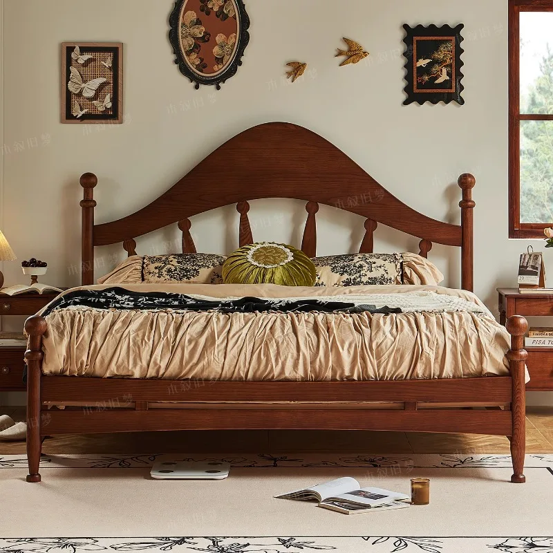 

Solid wood bed master bedroom light luxury high backrest solid wood bed medium antique large board double bed 1.8 meters
