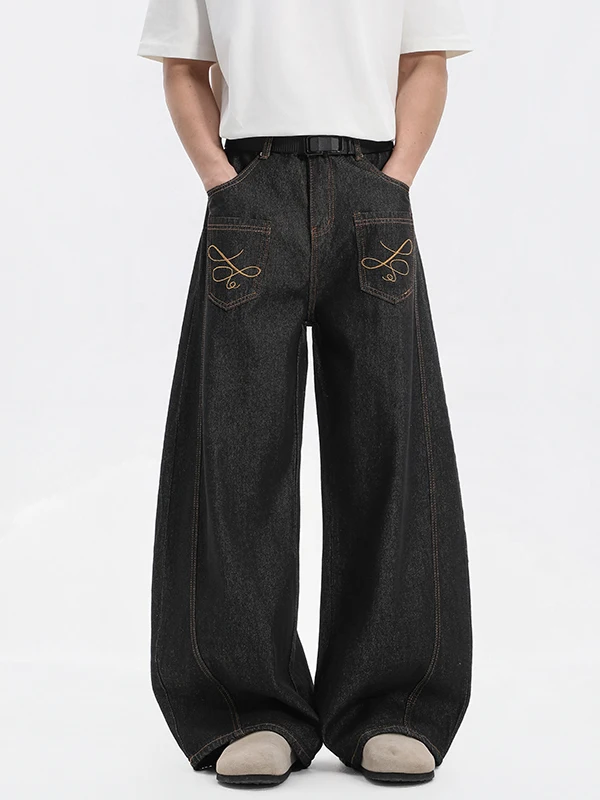 

American Style Embroidered Loose Straight Leg Jeans for Men Trendy Vintage Casual Wear Resistant Machine Wash Spring Autumn