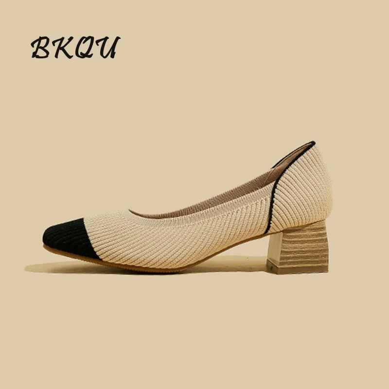 BKQU Fashion 2024 New Women\'s High Quality Square Heel Woven Matching Color Japanese Medium Heel Platform Shoes Knitted