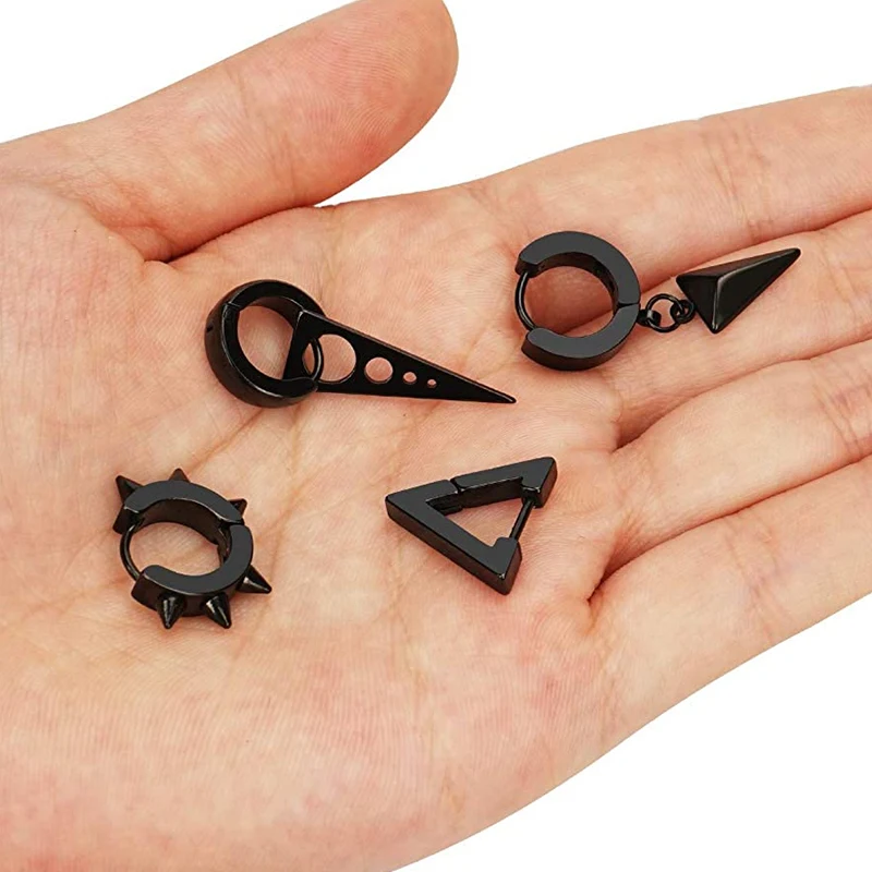 1/9 أزواج للجنسين الفولاذ المقاوم للصدأ الشرير رجل أسود إسقاط أقراط الهندسة مثلث ستار الصليب الحب ريشة حفلة متعددة القوطية #5