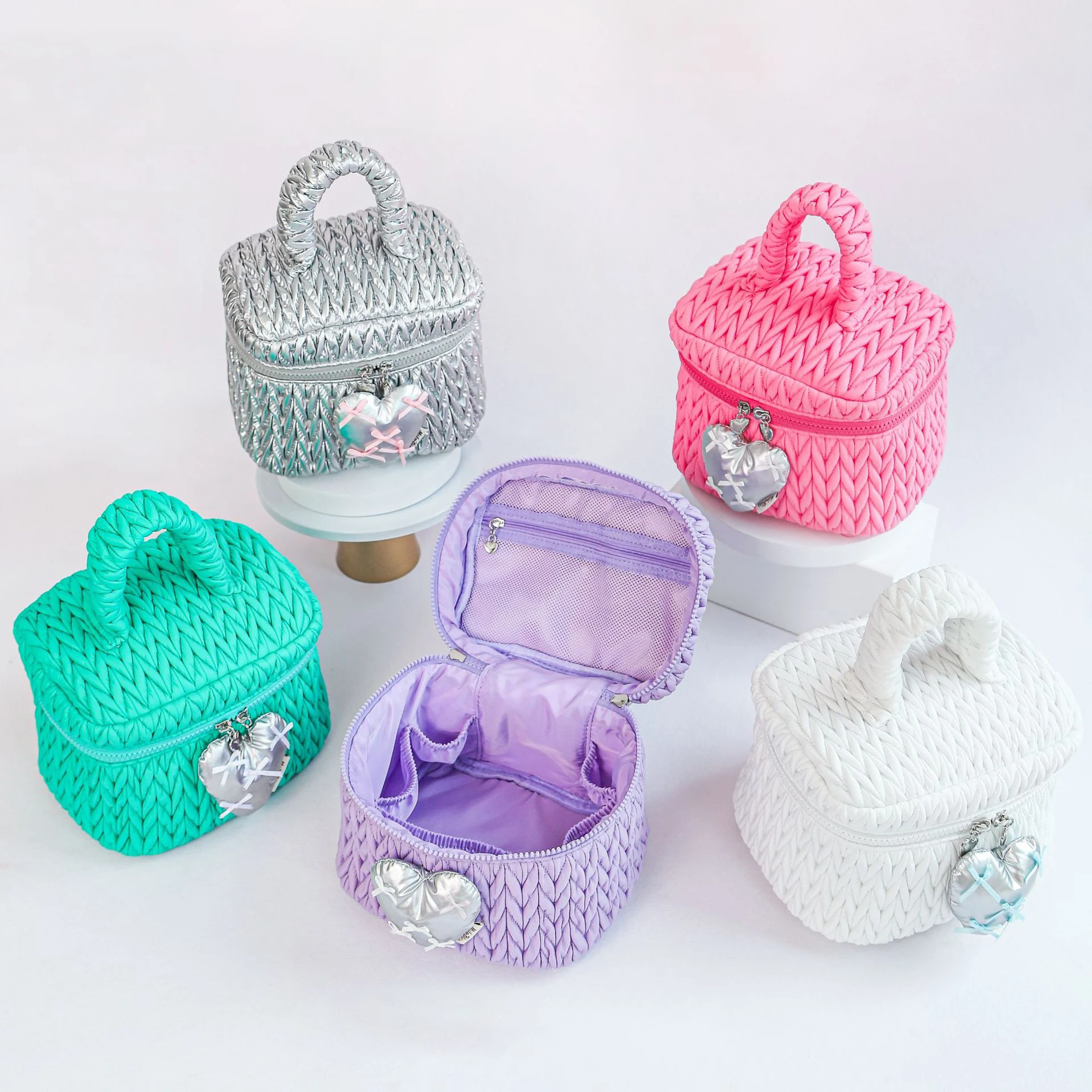 

Cute Knitted Puffy Makeup Bag Women Mini Cosmetic Bag Travel Makeup Pouch Zipper Toiletry Organizer Brushes Storage Bag Women