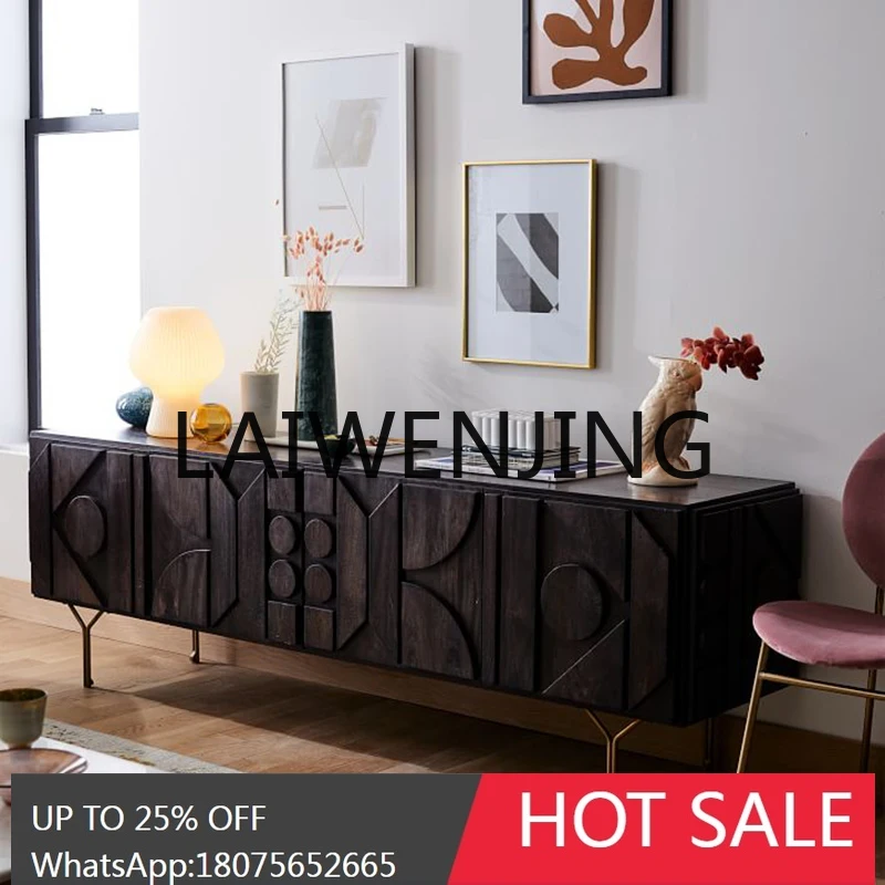 Nordic Retro Solid Wood TV Cabinet Geometric Carved Sideboard Cabinet Living Room Storage Cabinet Customizable