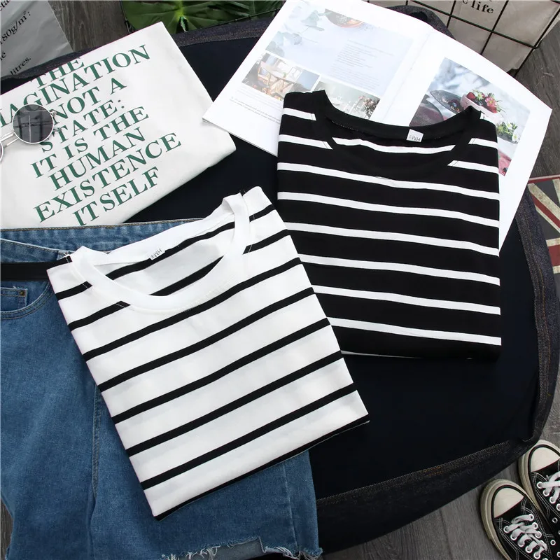 1PC Spring and Autumn Winter Black Striped Top with Foreign Style Ins Bottom Shirt Women Long Sleeve T-shirt