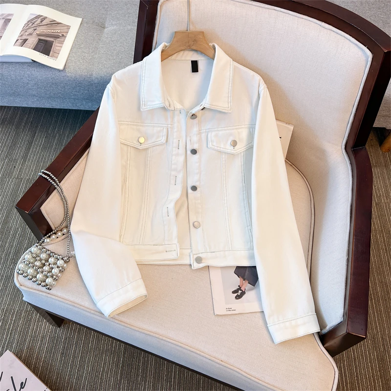 

Vintage Blue Short Denim Jacket Spring Autumn Women Streetwear Lapel Single-Breasted Long Sleeve Jeans Jacket Coat Veste Femme