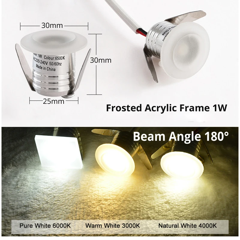 LED Mini Ceiling Light 1W Spot Light Downlight Aluminum Exterior Round Cut Hole 25mm Milky Acrylic Frosted Cover 110V 220V view 2