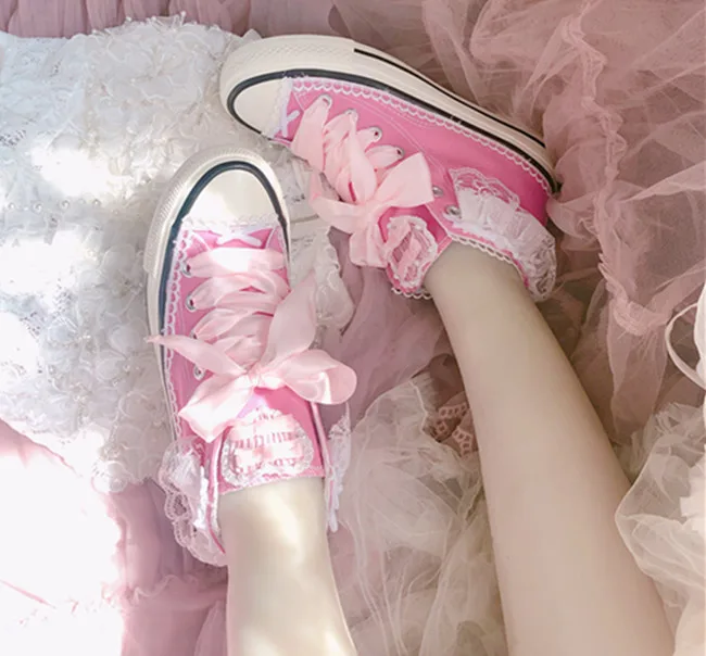 اليابانية الأصلية الوردي لوليتا حذاء قماش الحلو لطيف القوس حزام الدانتيل حافة حذاء كاجوال تنوعا عالية الجودة أحذية يوميا الخروج #1