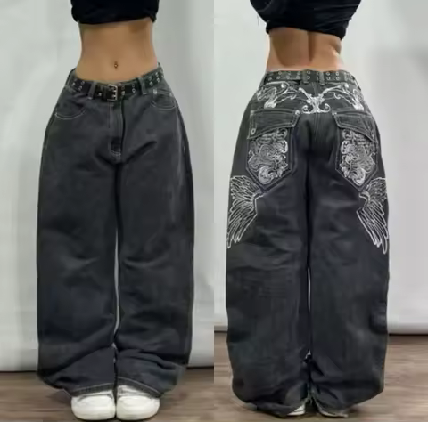 American Fashion Hip Hop Pattern Embroidery Loose Joker Jeans Women Street Y2K Casual Punk Rock Oversized Wide-leg Pants Jeans