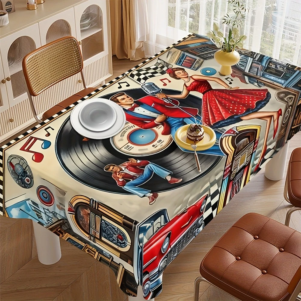 VIKAMA Retro Rock Roll Diner Tablecloth, 6 Designs, Waterproof Washable Table Cover for Kitchen Dining Party