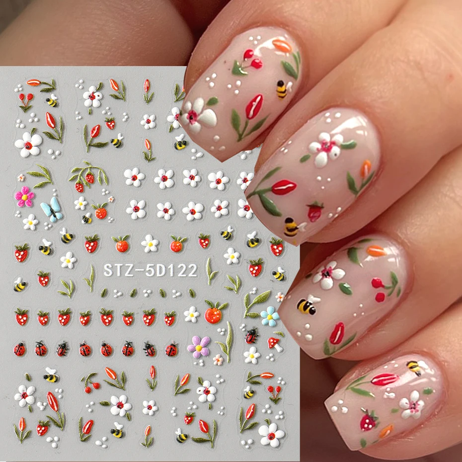 5D Embossed Kawaii Ladybug Sliders Spring White Daisy Flowers Nail Stickers DIY Simple Petals Wedding Nails Decals Accesories