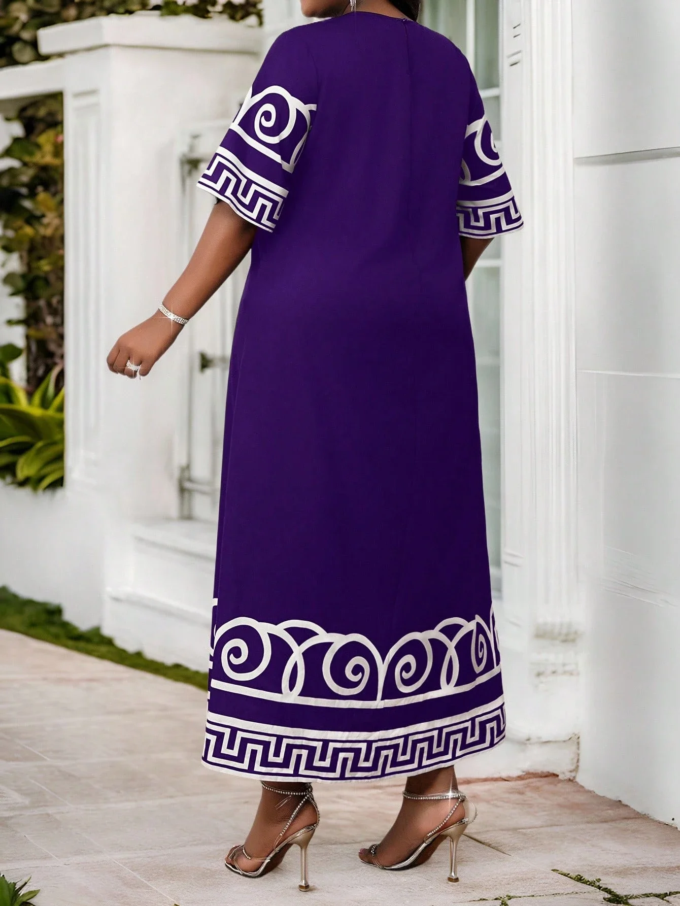 

Фиолетовое макси-платье больших размеров с узором «греческий ключ» для женщин, повседневное летнее пляжное платье для отпуска