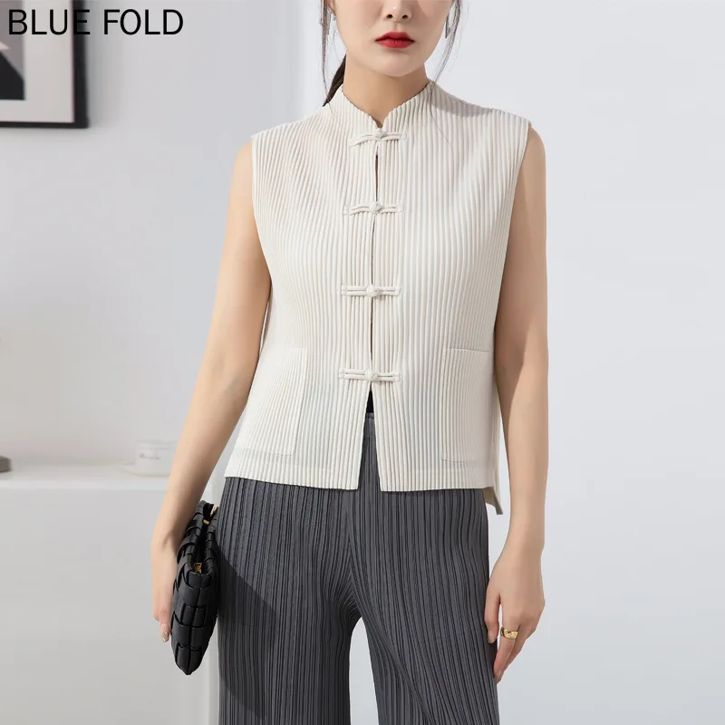 

Miyake Pleated Ladies Vest Summer New Cheongsam Style Stand-up Collar Solid Color Sleeveless Buckle Retro Outer Top PLEATS