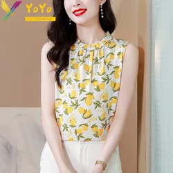 Elegant Formal Chiffon Yellow Lemon Print Sleeveless Blouse Summer 2024 New Fashion Pullover Vest Top Office Lady Shirts