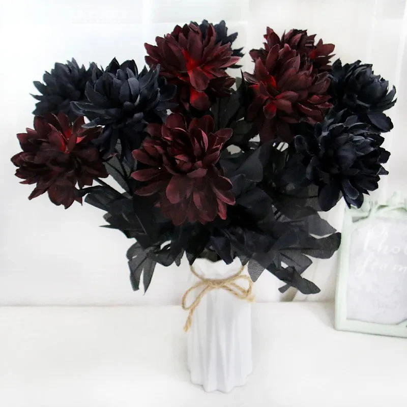 Burgundry Dahlia Black Artificial Flower Branch Wedding Flower Wall Arrangement Materials Halloween Fake Flower Table Home Decor