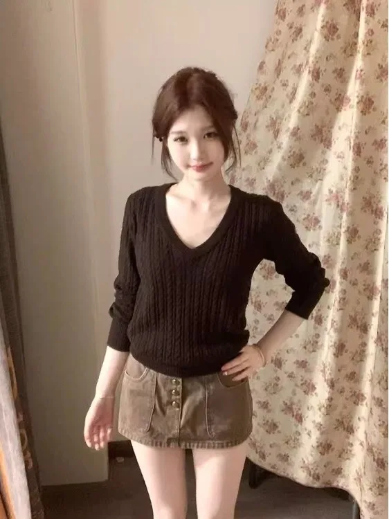 Retro sle longo sve v-ne malhas feminino fino ajuste interior usar tartaruga algodão macio outono inverno nova chegada topo