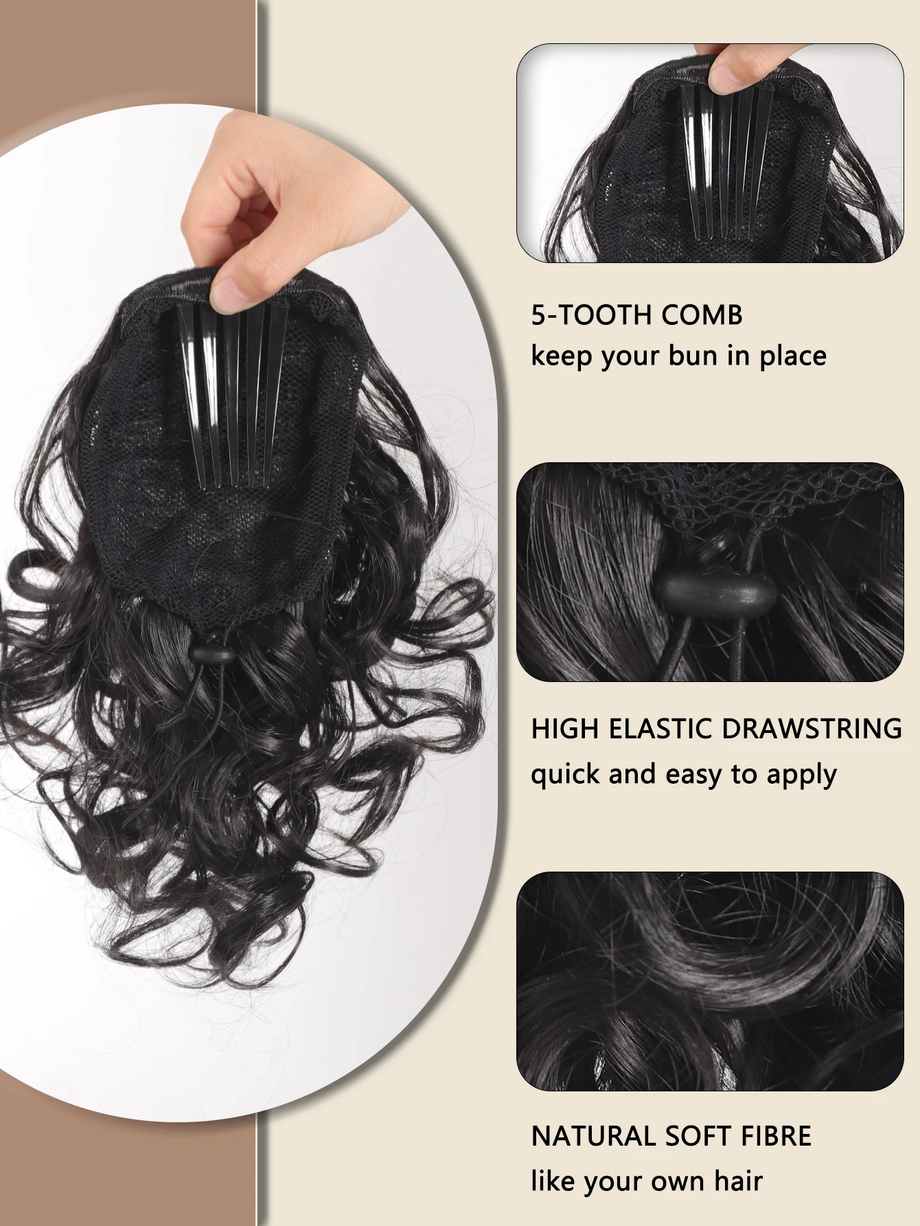 Cabelo sintético Bun Hairpiece para mulheres, totalmente curto, rabo de cavalo Chignon com pente, Updo Drawstring, cabelo pedaços extensão