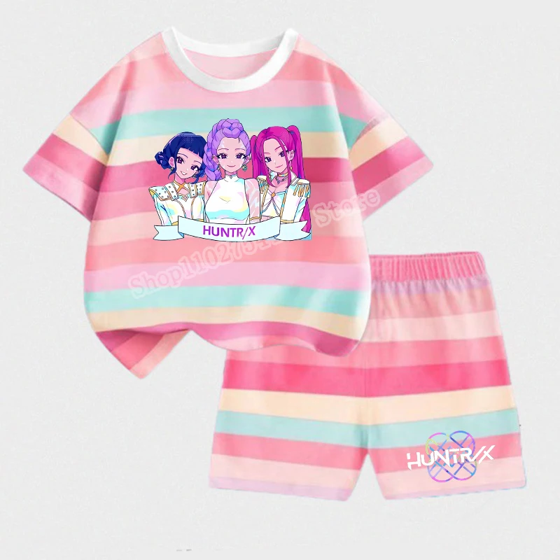 KPop Demon Hunters Child Short Style T-shirt Set Cartoon Rumi Mira Zoey Print Striped Two-piece Suit Summer Casual Homewear Gift