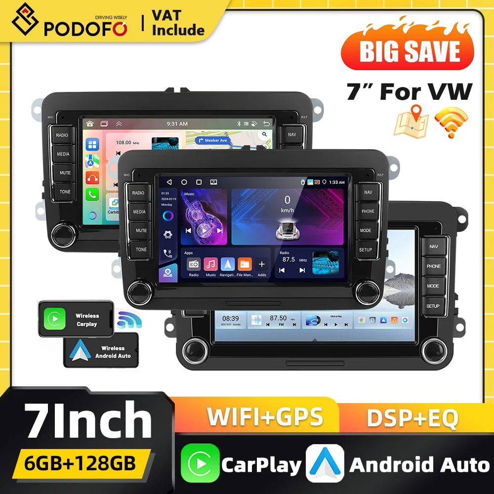 Podofo 7-Zoll Android 2Din Autoradio für VW POLO Seat Altea JATTA PASSAT GOLF mit Carplay, Android Auto, GPS-Navigation, DSP, BT, FM, RDS
