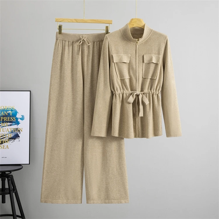 

Fashionable Casual Loose Knitted Sweater And Pants Set Women's Spring Season Regular Thickness Pure Color Zipper Closure Two-...