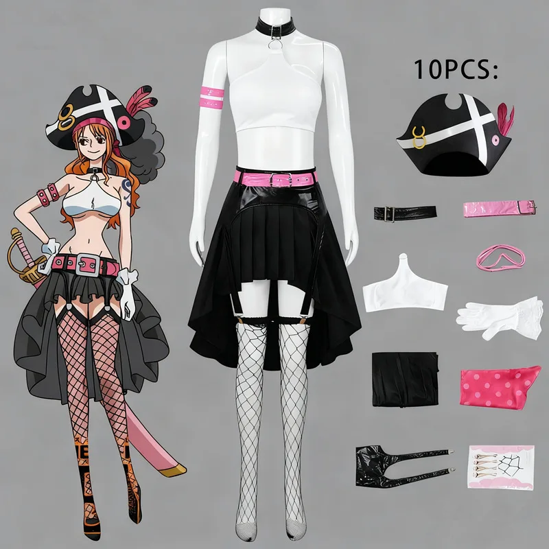 

Beauty Pirate Cosplay Set Hat Neckring Tube Top Belt Skirt Accesories 10Pcs Set Halloween Costume Nami Anime Outfit
