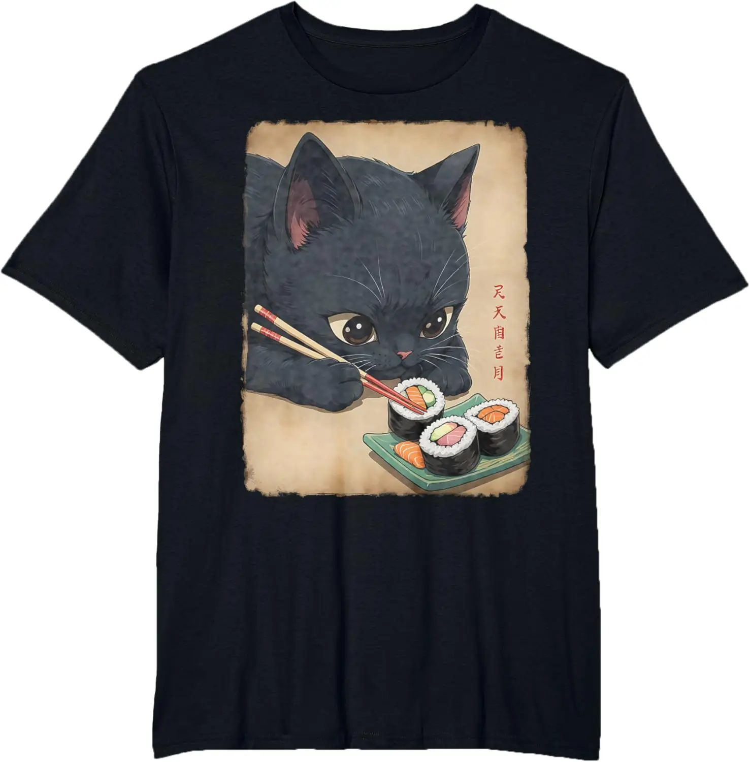 

Chat Kawaii Mangeant Des Nouilles Sushi с графическим принтом, летние элитные брендовые хлопковые мужские и женские футболки с короткими рукавами, уличные