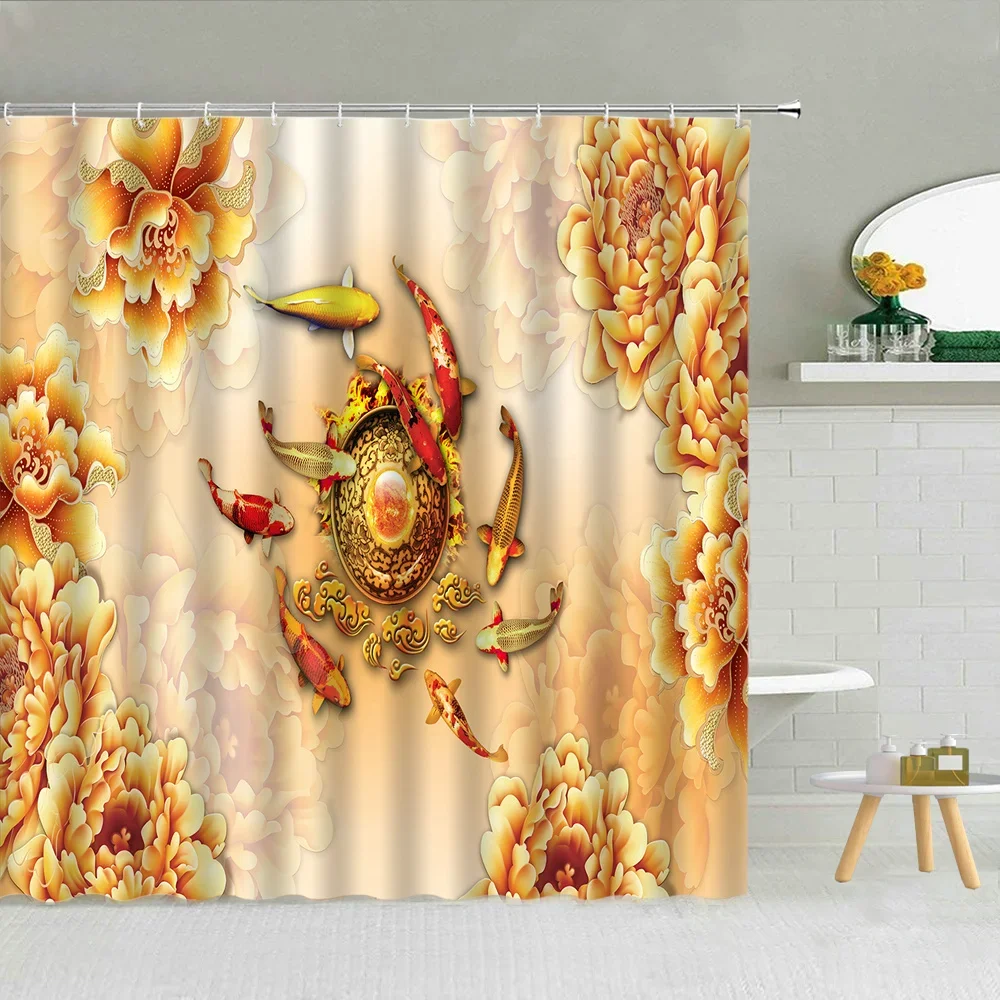 3D Carving Garden Scenery Print Shower Curtain Peony Flower Goldfish Waterproof Fabric Bathtub Screen Bathroom Decor with Hooks