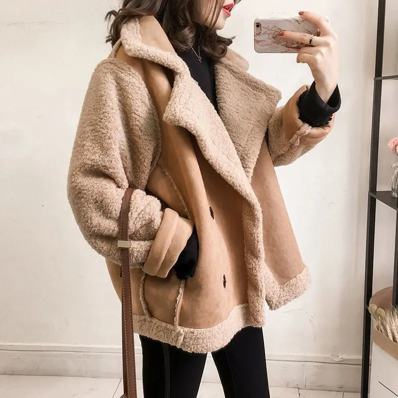 Women Coats Lamb Wool Coat Maxi Thick Warm Khaki Autumn Winter Jackets Turn Down Collar Single Breasted Pockets Elegant