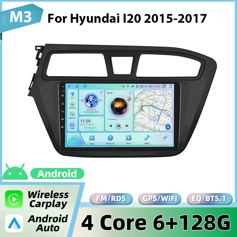 Podofo draadloze CarPlay voor Apple voor Hyundai I20 2015-2017 Android Auto autoradio GPS FM/RDS stereo WiFi BT multimediasysteem