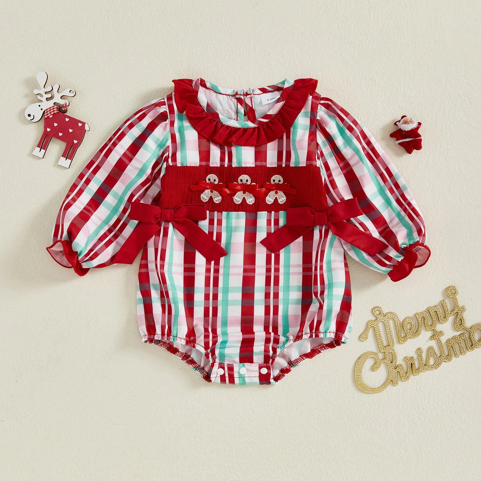 

VISgogo Baby Girl Christmas Romper Loose Fit Gingerbread Man Plaid Bows Ruffled Trim Long Sleeve Infant Jumpsuit