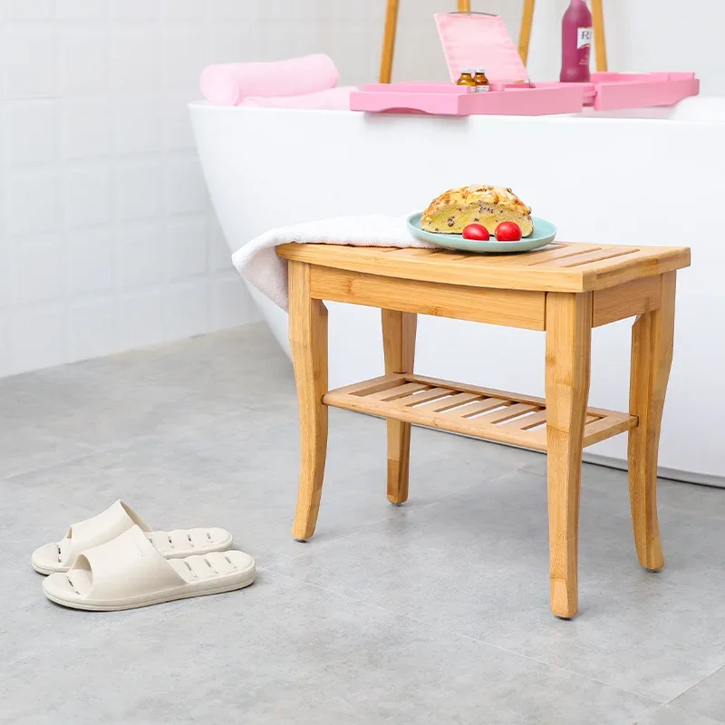 Thickened Shower Bench Bathroom Stool Double Layer Bamboo Toilet Foot Rest Multi-functional Step Tools Shower Bench