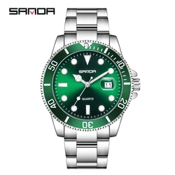 Fashion Sanda Top Brand Men Calendar Quartz For Man Business Green Clock Luxury Full Stainless Steel Wrist Watches