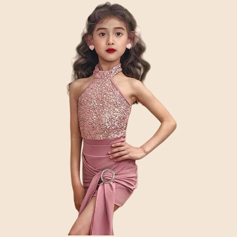 

Платье для латинских танцев с блестками, одежда для латинских танцев для девочек, детский костюм для соревнований по сальсе, детские платья для бальных танцев, ча-ча-румбы, танго