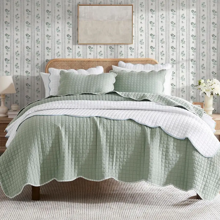 

Комплект постельного белья Sage Green King Size: легкое, мягкое покрывало в деревенском стиле с фестончатым краем Seafoam для всех сезонов, с вырезами