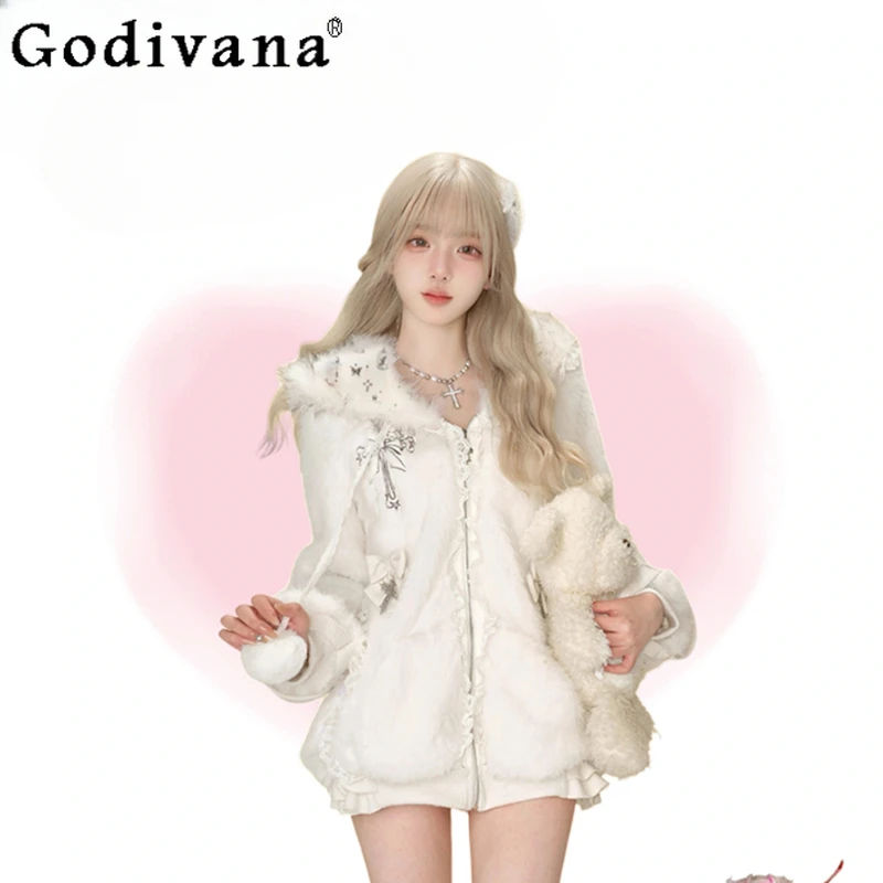 

Y2K Girls White Faux Fur Coat Women's Autumn and Winter Warm Thickened Loose Fur Jacket Lady High Waist Short Cake Skirt 2024