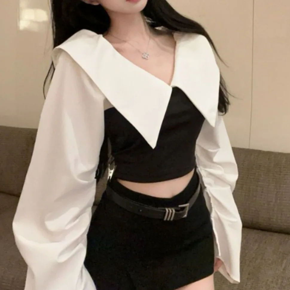Salt Series Chic Black White Color Block Shoulder Bared Shirt Women's Fashionable Design Dual Wear Slimming Top Summer Casual...