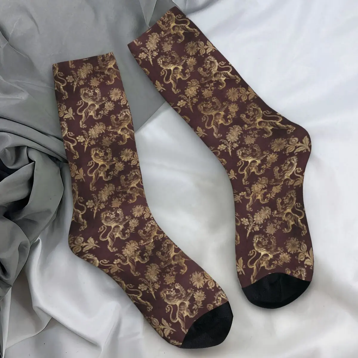 Golden Lions And Damask Socks Spring Stockings Modern Adults Men Breathable Socks Design Cycling Non Slip Socks