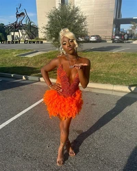 Orange Short Prom Dress Black Girls For 2024 Crystal Beaded Birthday Party Gown Rhinestone Feathers Mini Cocktail  Customized