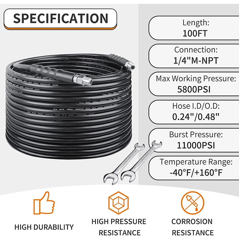 Sewer Jetter Kit 15M30M/50FT100FT High Pressure Washer 5800PSI Drain Cleaner Hose 1/4 Inch Rotating Sewer Jetting for Karcher HD