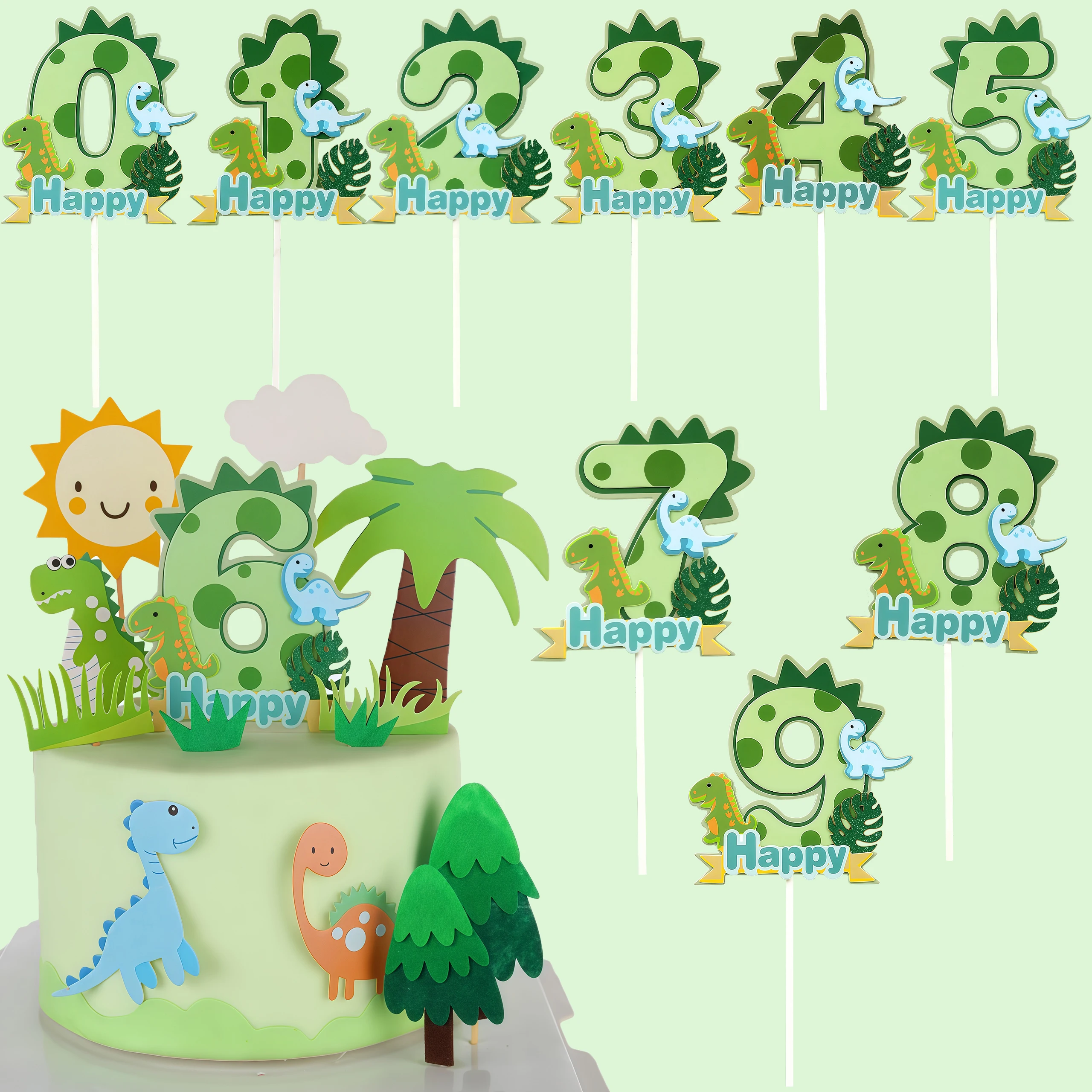 1 Stück/10 Stück Nummer 0–9 Jahre alt Dinosaurier Palmblätter Kuchendeckel alles Gute zum Geburtstag Dschungel Safari Party Dekor grün Party Kuchen Dekor