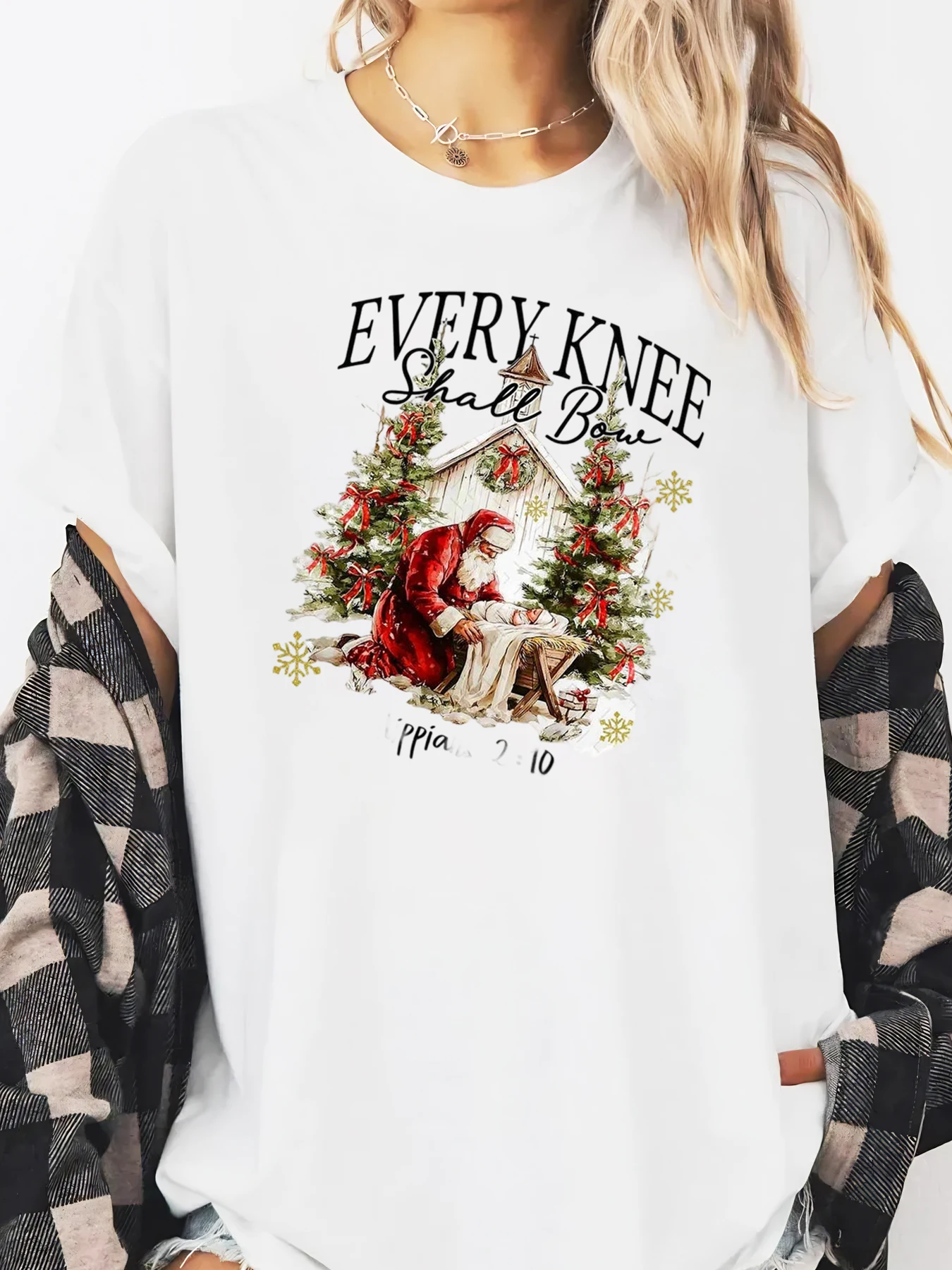 Every Knee Shall Bow Christmas Santa Scene Printed Long Sleeve T-shirt Women Holiday Party Casual Wear White Plus-size
