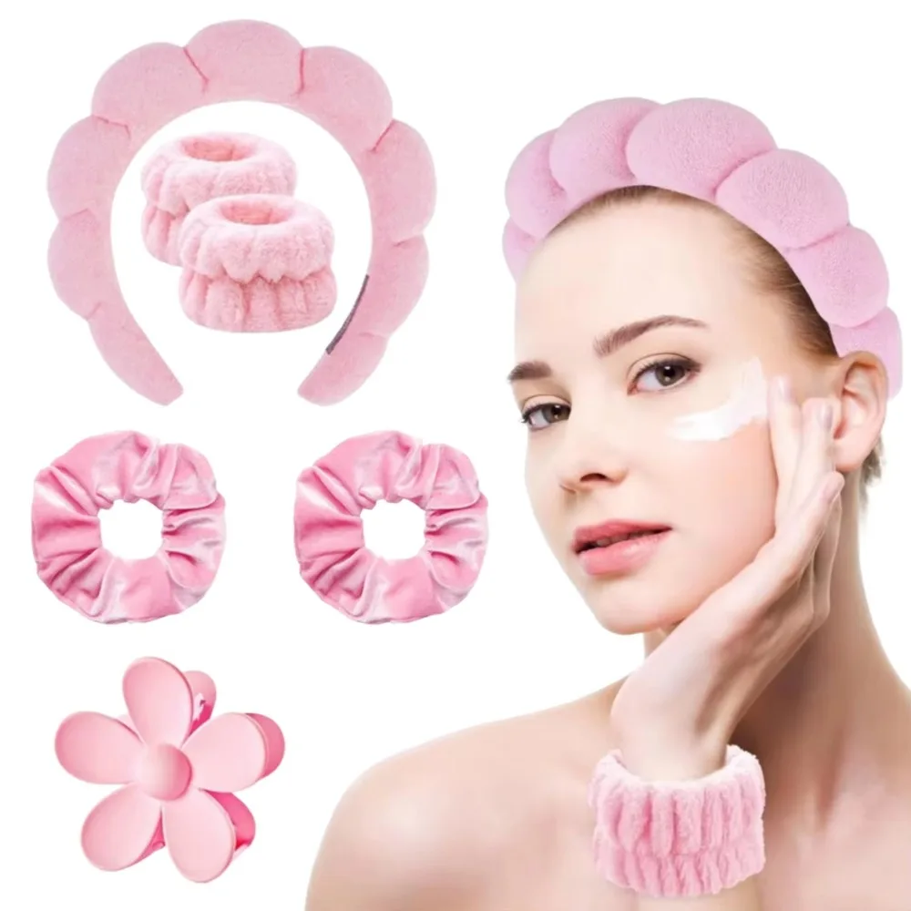 1/6 Stück Damen Spa Haarband Puffy Schwamm Stirnband Blumen Haarspange Armbänder Haargummis zum Waschen Gesicht Make-up Dusche Hautpflege