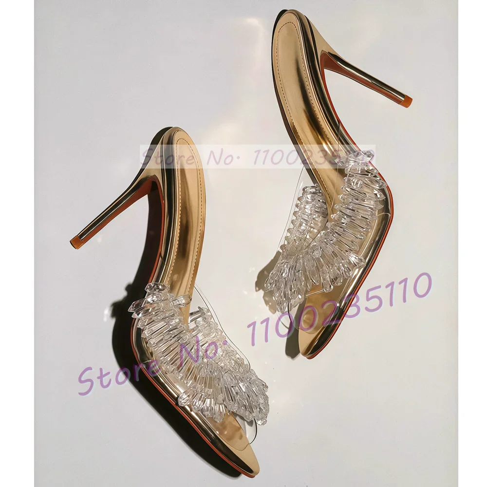 Gold Metallic Clear Drip Crystal Slippers Women Shimmer Pendant Chandelier High Heels Mules Sexy Ladies Party Shallow Shoes