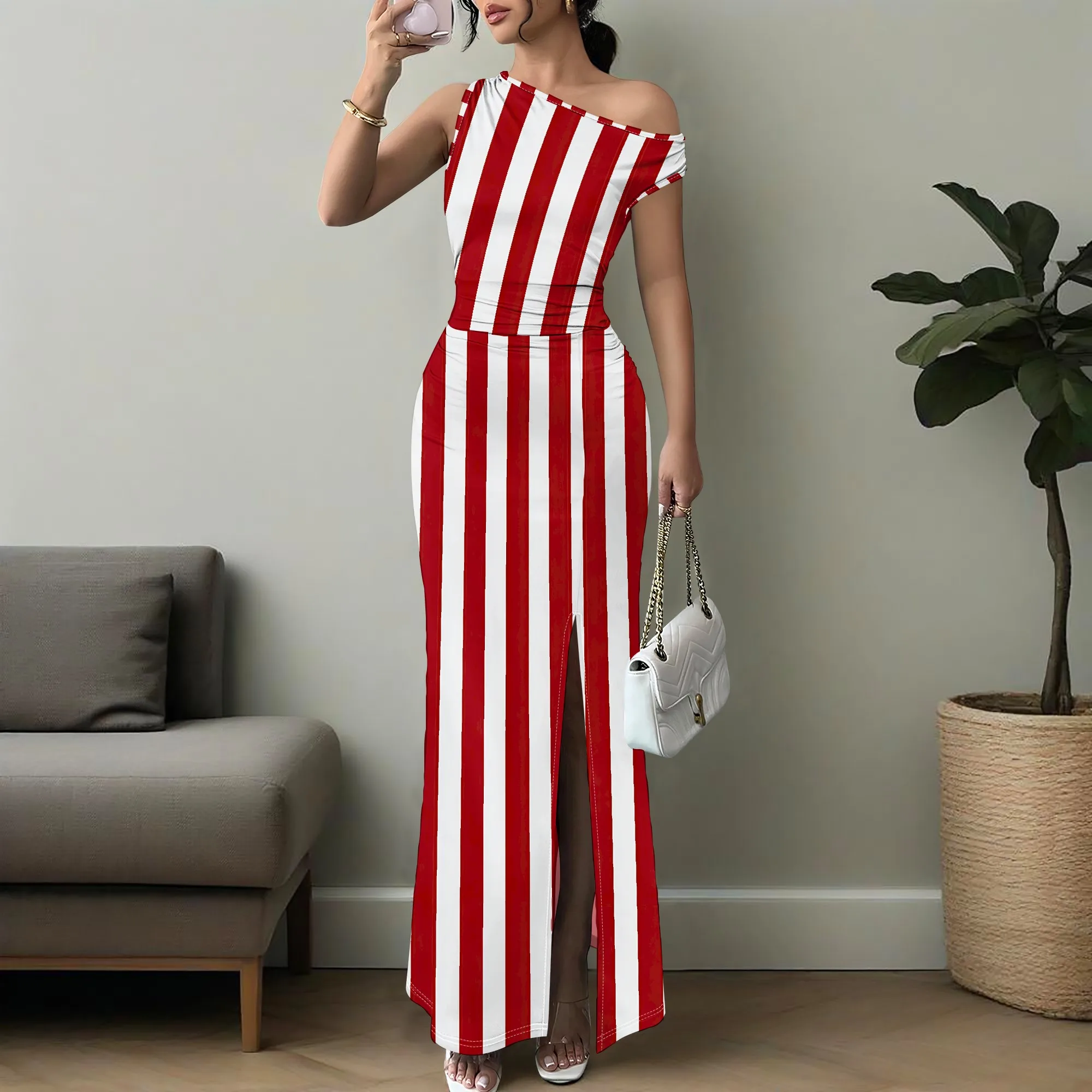 

Women's One Shoulder Maxi Dress with Slit Bodycon Stripe Print Long Party Dress XS-3XL